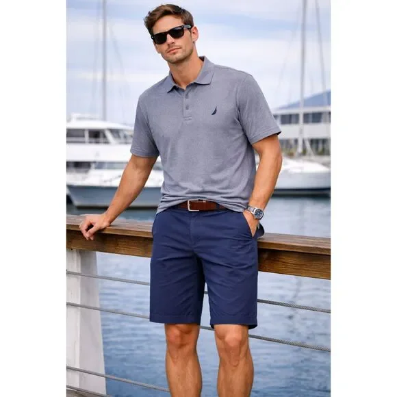 Classic Deck Shorts Mens 34W Navy Blue Chino Flat Front Cotton Pockets Nautica - Picture 3 of 6